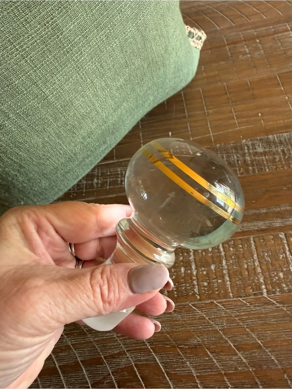 Mid Century Modern Gold Banded Crystal Ball Decanter Stopper Glam Barware